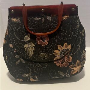 Vintage tapestry handbag with a floral pattern top handle